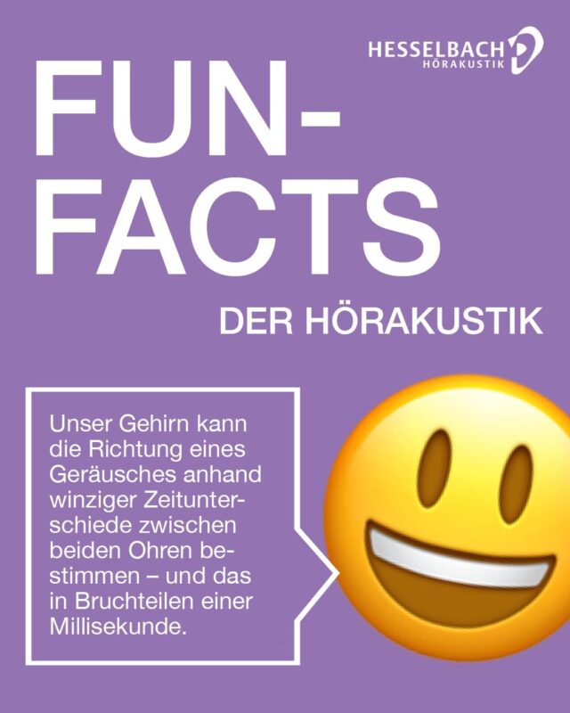 🧠 Fun Fact der Hörakustik 👂✨

Wussten Sie, dass unser Gehirn die Richtung eines Geräusches in Bruchteilen einer Millisekunde bestimmen kann? 🎯

👉 Dafür vergleicht es winzige Zeitunterschiede zwischen dem linken und rechten Ohr. So erkennen wir oft sofort, aus welcher Richtung jemand spricht oder ein Geräusch kommt.

Ein beeindruckendes Zusammenspiel von Gehör und Gehirn! 💡

Achten Sie auf Ihr Gehör – wir unterstützen Sie gerne dabei. 🤝💜

🌐 www.hesselbach-hoerakustik.de/termin

#FunFact #SchonGehört #Hörakustik #WusstenSieSchon #Hören #Hörgesundheit #Ohren #Gehirn #Wissen #BesserHören #HesselbachHörakustik
