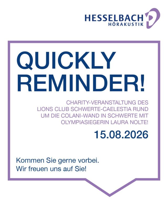 ⏰ Quick Reminder! 💜

Nicht vergessen: Am 15.08.2026 von 11:00 bis 15:00 Uhr findet die Charity-Veranstaltung des Lions Club Schwerte-Caelestia rund um die Colani-Wand statt. 

✨ Freuen Sie sich auf einen besonderen Tag für den guten Zweck – mit Olympiasiegerin Laura Nolte, spannenden Gesprächen, einer Tombola, einer Charity-Auktion sowie Waffeln und Getränken. 🤝

📍 Platz an der Wilhelmstraße 34, 58239 Schwerte
🗓️ 15.08.2026 | 11:00–15:00 Uhr

Wir freuen uns auf Ihren Besuch! 💜

#HesselbachHörakustik #ColaniWand #Schwerte #LionsClub #Charity #LauraNolte #GemeinsamGutesTun #Event #Reminder