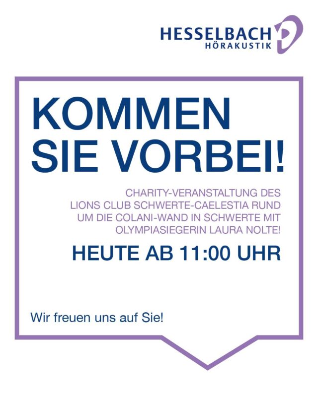 📣 Heute ist es so weit!

Heute ab 11:00 Uhr sind wir bei der Charity-Veranstaltung des Lions Club Schwerte-Caelestia rund um die Colani-Wand in Schwerte dabei. 💜

Freuen Sie sich auf einen abwechslungsreichen Tag – unter anderem mit Olympiasiegerin Laura Nolte. 🥇

Kommen Sie vorbei, besuchen Sie unseren Stand und kommen Sie mit uns ins Gespräch. Wir freuen uns auf viele nette Begegnungen! 👂😊

📍 Wilhelmstraße 34, 58239 Schwerte
🕚 Heute ab 11:00 Uhr

#HesselbachHörakustik #Schwerte #Charity #LionsClub #LauraNolte #Hörakustik #Hörgesundheit #GemeinsamGutesTun #Veranstaltung #WirFreuenUns