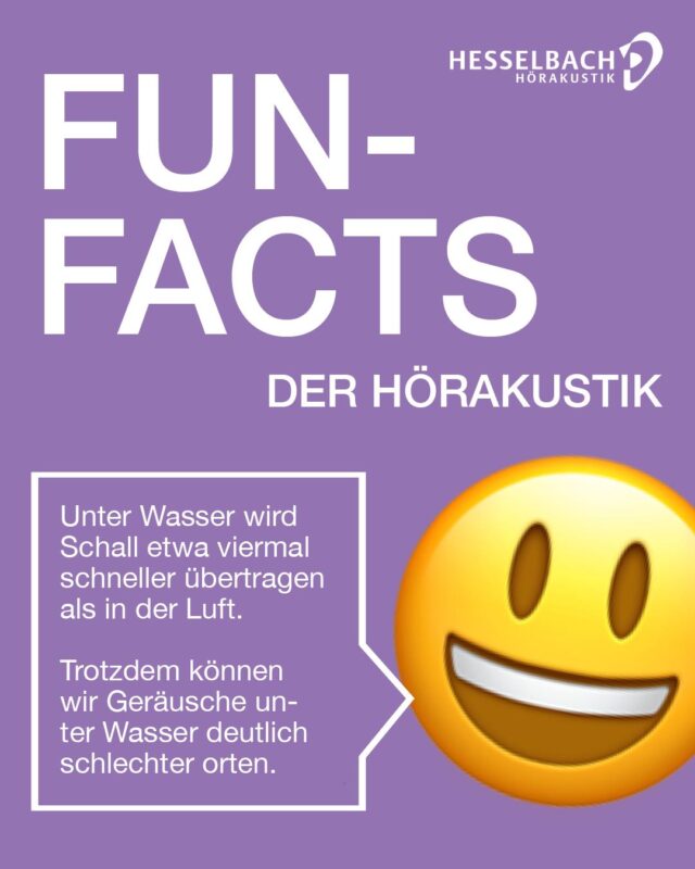 🌊😄 Fun Fact der Hörakustik

Wussten Sie, dass sich Schall unter Wasser etwa viermal schneller ausbreitet als in der Luft? 👂

Trotzdem fällt es uns deutlich schwerer, Geräusche unter Wasser zu orten. Der Grund: Schall erreicht unsere Ohren dort anders als an Land, wodurch unser Gehirn die Richtung schlechter bestimmen kann.

Hätten Sie das gewusst? Schreiben Sie es uns gerne in die Kommentare! 💜👇

#HesselbachHörakustik #FunFact #Hörakustik #Hörgesundheit #WusstenSieSchon #Sommer #Schwimmen #UnterWasser #Hören #GutHören